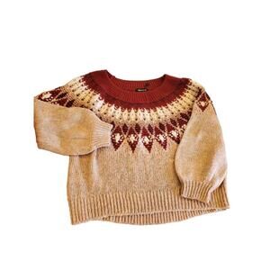 Express Fair Isle Sweater Puff Sleeve Knit Burgundy Beige Pullover‎